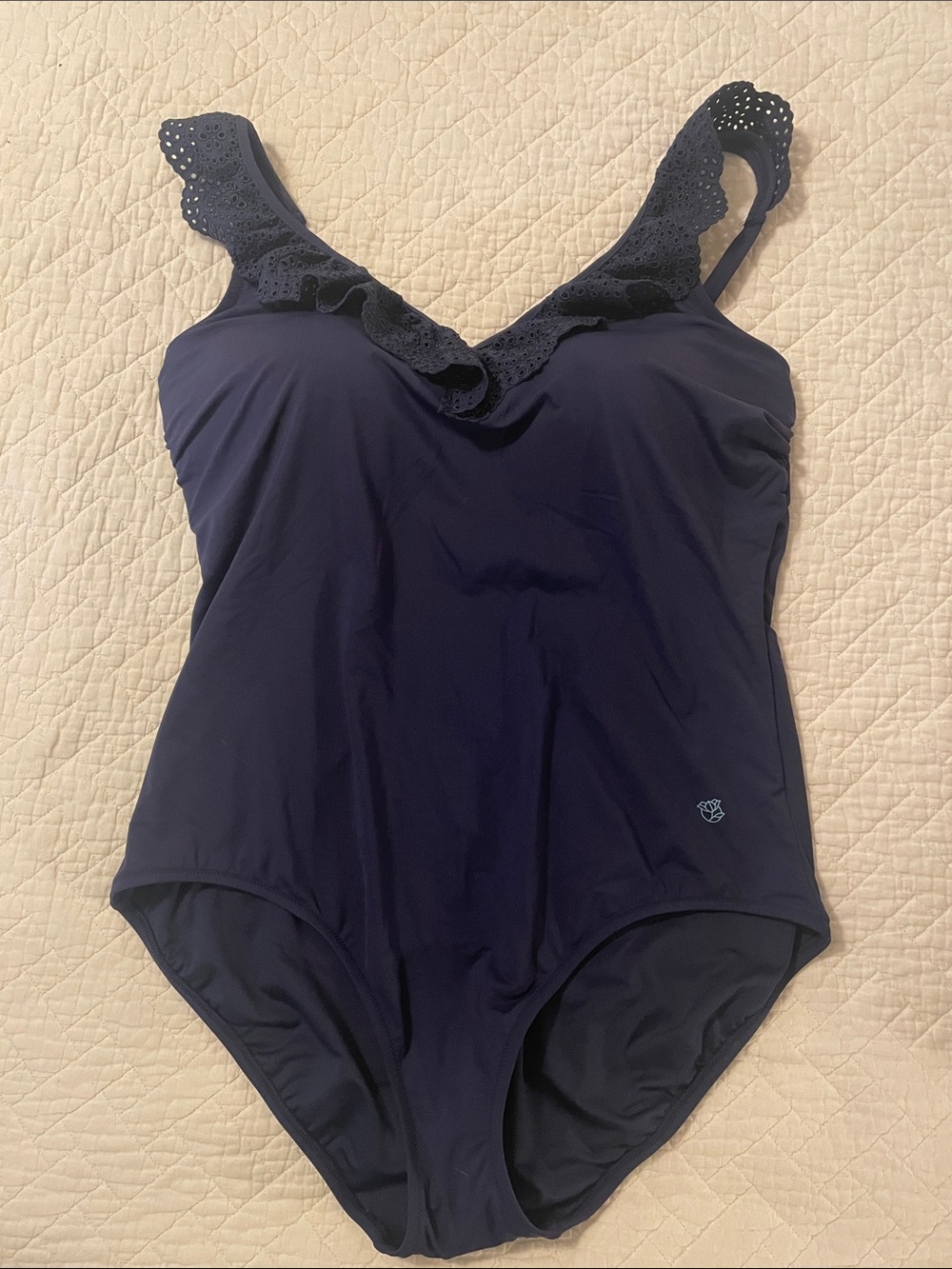 Lands' End Navy One-Piece Swimsuit with Eyelet Ruffle Straps